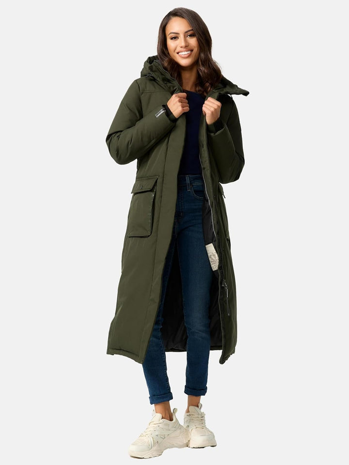 Navahoo Damen Wintermantel Warmer Mantel extralang mit Kapuze Wolkenfrost XIV XS-XXL XL Dark Olive,