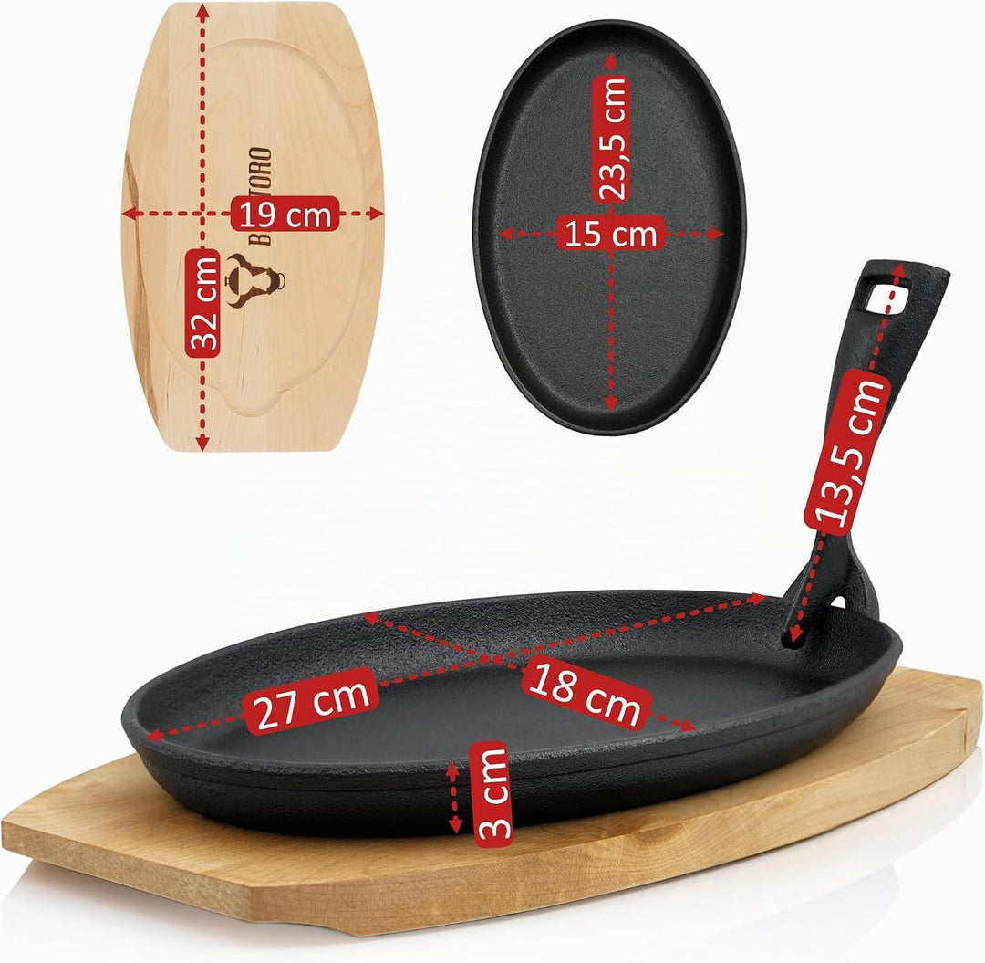 BBQ-Toro Gusseisen Servierpfännchen mit Holzunterlage (6 Stück) | 27 x 18 x 3 cm - oval | bereits ei