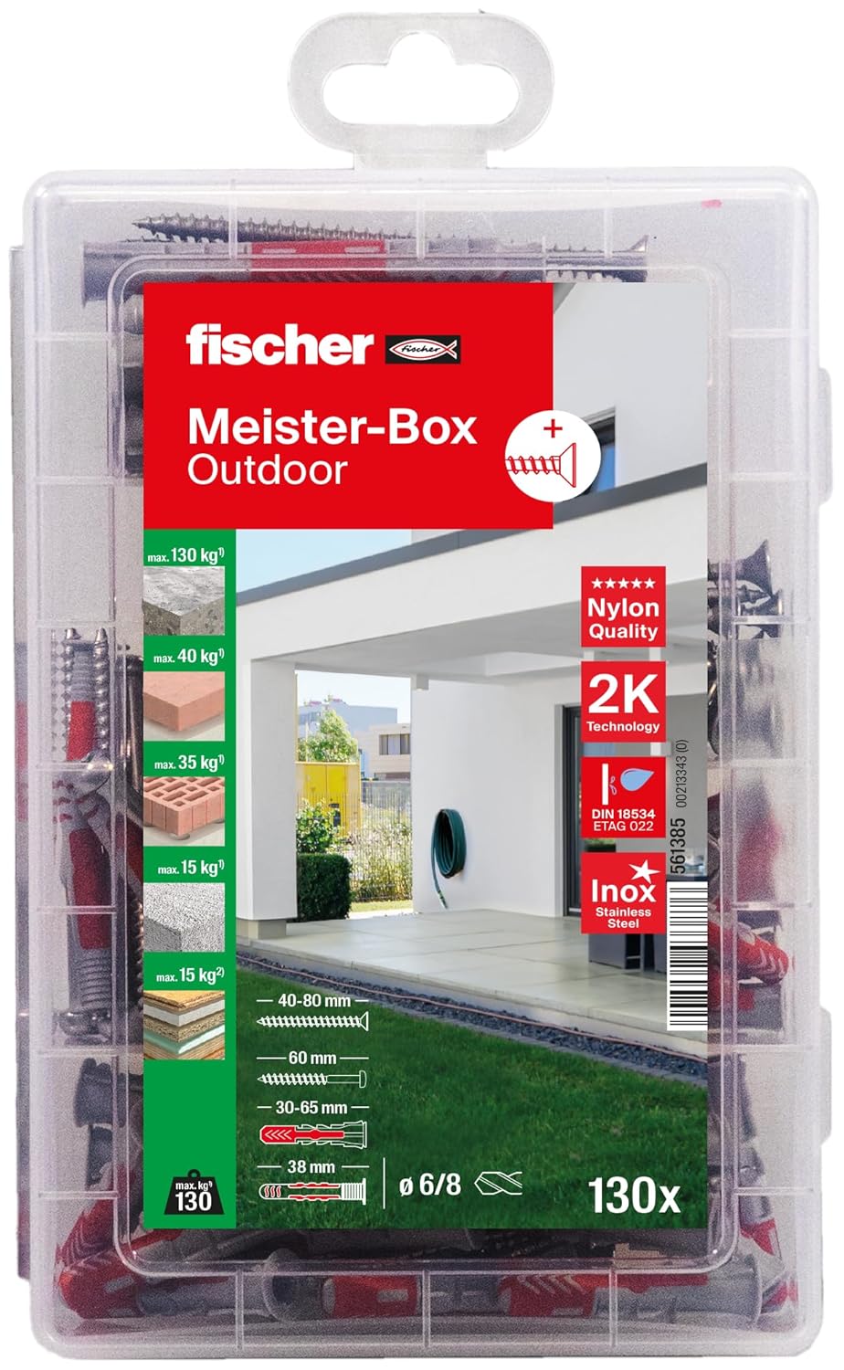 fischer 561385 Feucht & Aussen, Dübelbox, 130-teilig mit Edelstahlschrauben & DUOPOWER & DUOSEAL, Se