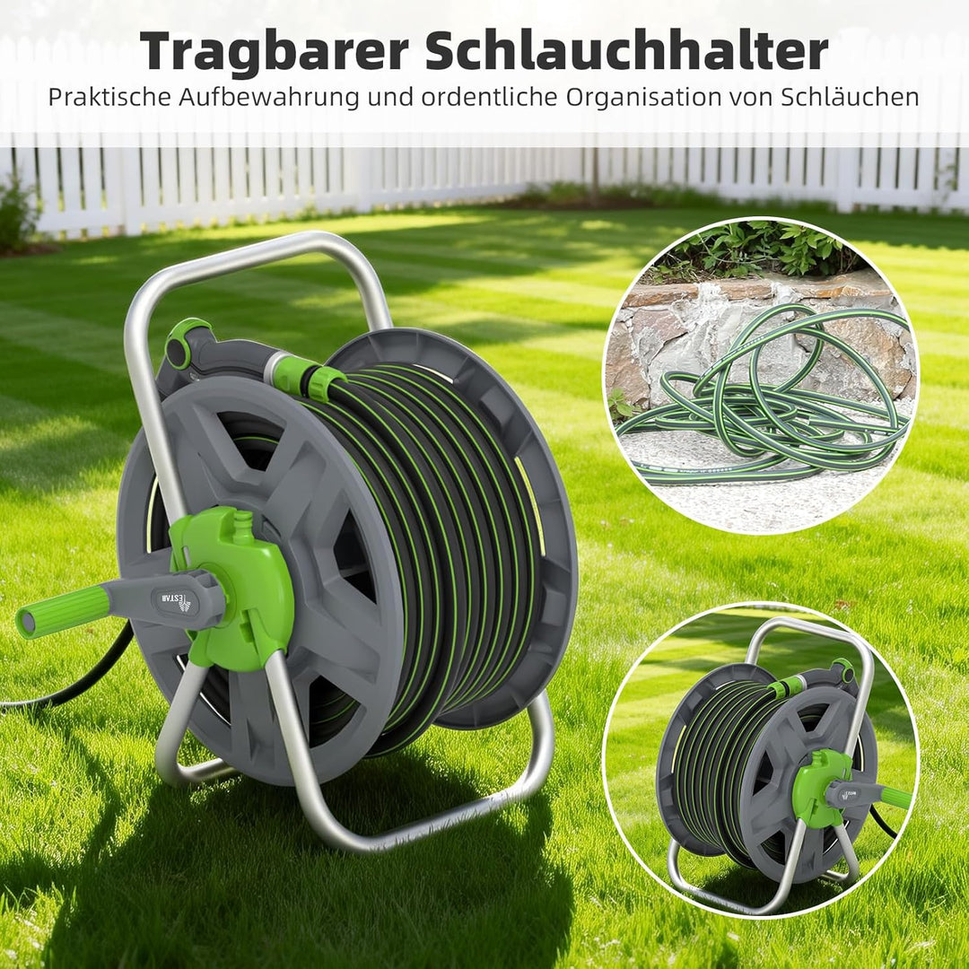 Schlauchtrommel Kunststoff, Tragbare Schlauchaufroller für 24-30m 1/2" Gartenschlauch, Platzsparend