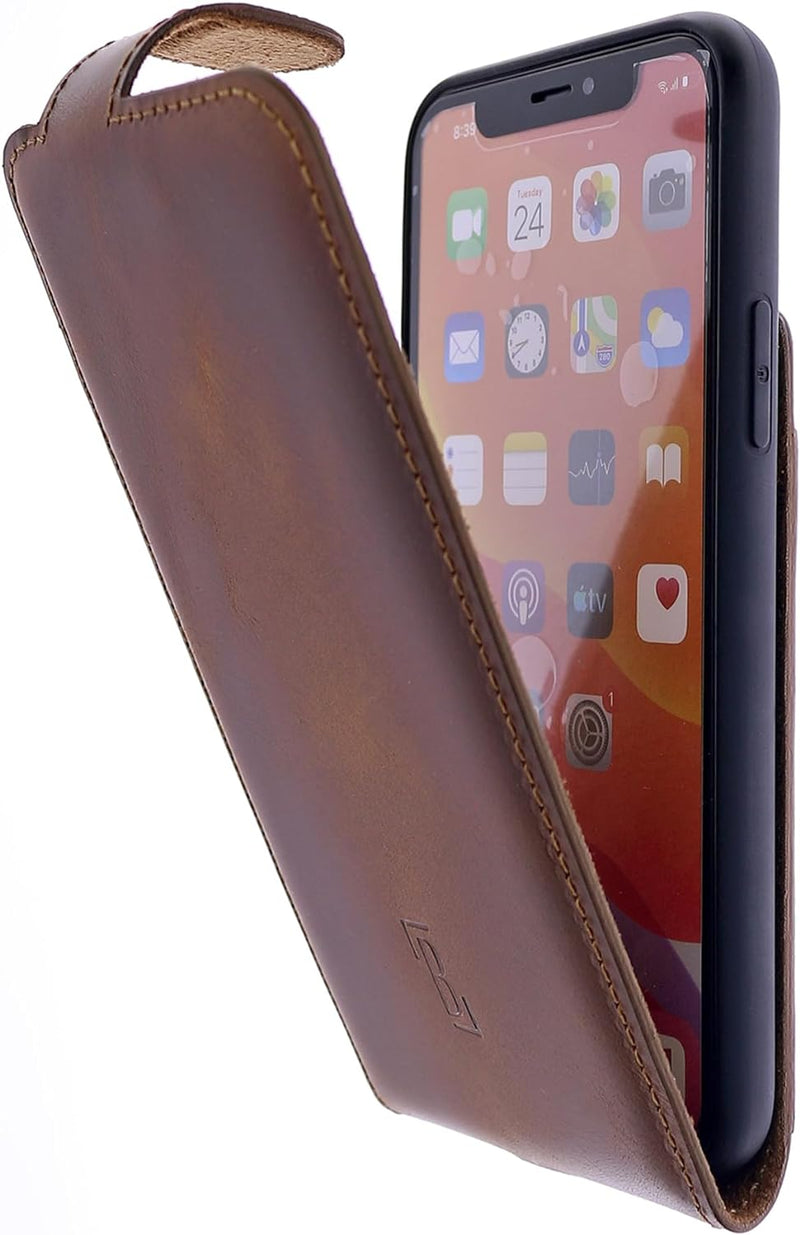 Burkley Flip Case Handyhülle für iPhone 14 Pro Max - Handytasche aus echtem Rindsleder, 360° Schutz