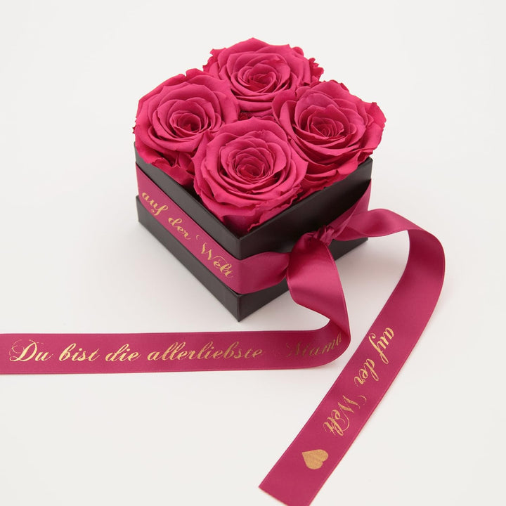 ROSEMARIE SCHULZ Heidelberg Flowerbox 8,5 x 8,5 cm 4 Infinity Rosen haltbar 3 Jahre Gravur Goldschri
