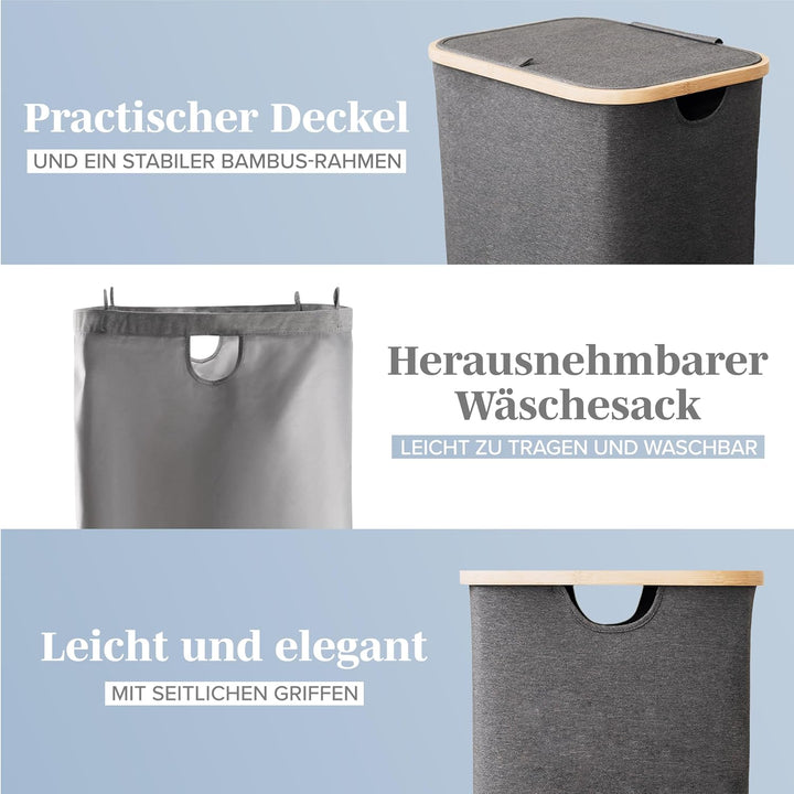 Lonbet - Wäschekorb mit Deckel Gross - XL 100 Liter - Wäschekorb Holz Bambus - Wäschesammler Grau mi