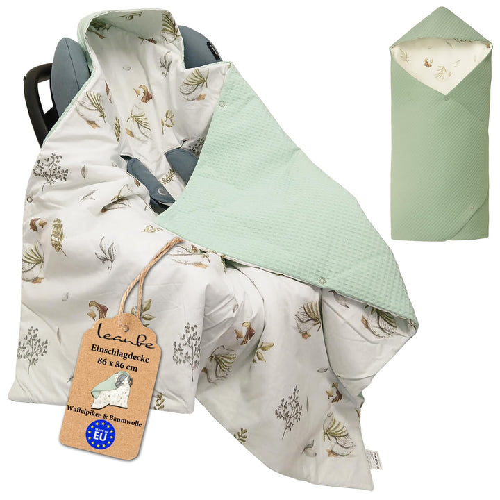 Baby Einschlagdecke Doppelseitig 86x86 cm Baumwolle-Wafellstoff für Kinderwagen und Babybett (Mint W