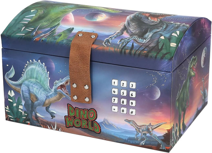 Depesche 13441 Dino World - Schatztruhe im Dino Design mit Planeten, Aufbewahrungsbox mit Code, Soun