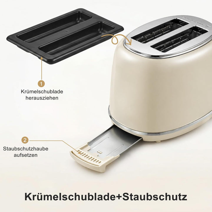 Retro Toaster 2 Scheiben Edelstahl – Brötchenaufsatz, 6 Röststufen, Vorheiz- und Auftaufunktion, Abs