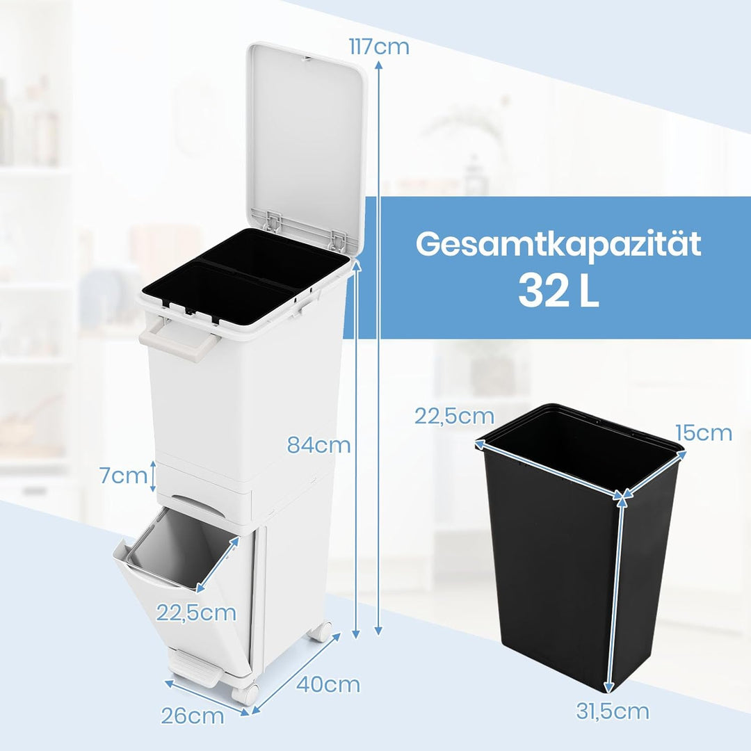 GOPLUS Mülleimer 3 Fächer, 32L Abfalleimer Küche mit Rollen, Mülltrennsystem mit Kippbehälter, Decke