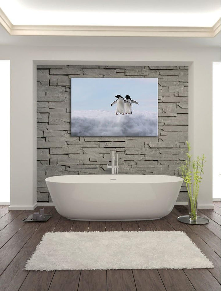 zwei kleine Adeliepinguine auf Eisscholle Leinwand, XXL riesige Bilder fertig gerahmt mit Keilrahmen