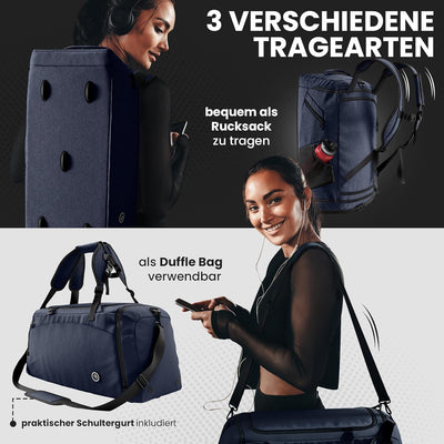 Sporttasche Trainingstasche + Rucksack-Funktion, Schuhfach, Nassfach | 40/60L Reisetasche Schwimmtas