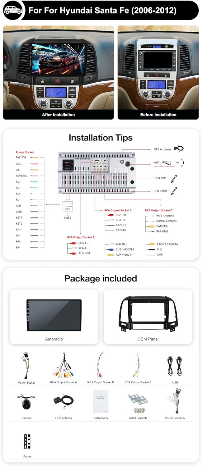 Android 16 IPS Autoradio Passt für Hyundai Santa FE (2006-2012) - Eingebautes CarPlay Android Auto -