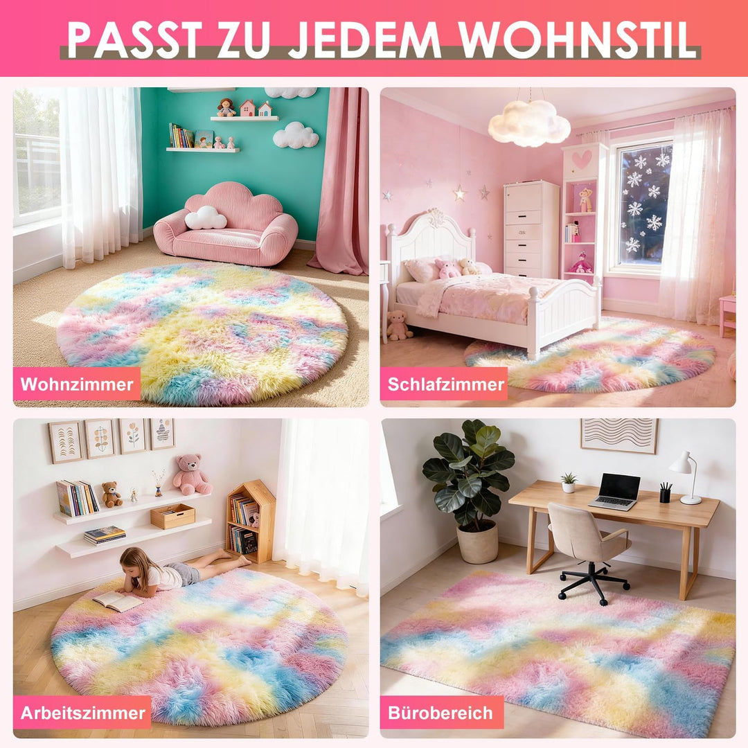 Teppich Wohnzimmer Rund 200 cm Regenbogen Waschbar Rutschfester Runder Hochflorteppich Kinderzimmer