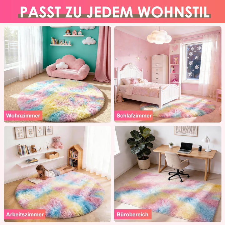 Teppich Wohnzimmer Rund 200 cm Regenbogen Waschbar Rutschfester Runder Hochflorteppich Kinderzimmer