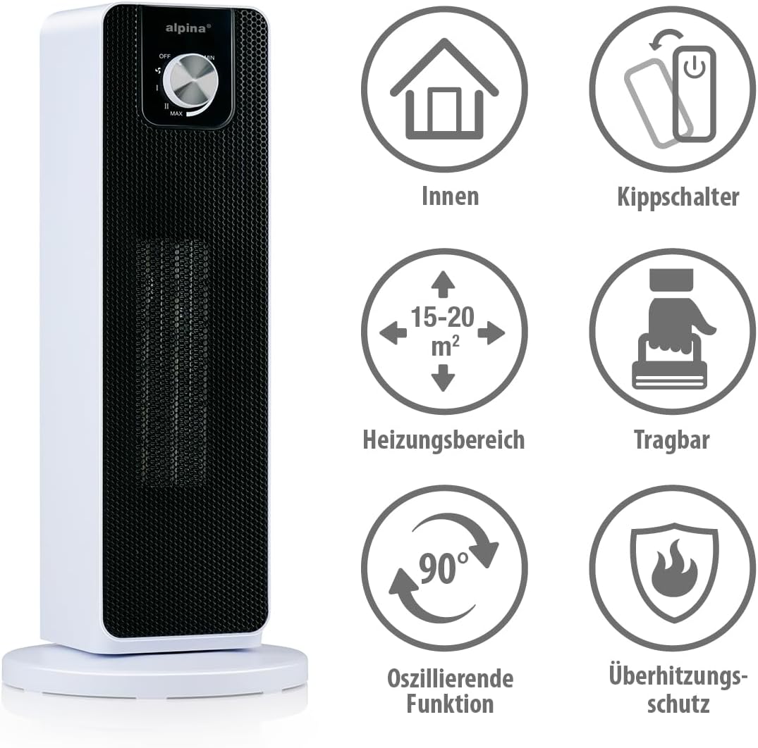 alpina Elektrischer Heizlüfter 2000W – Keramik Heizkörper mit Griff und Absturzsicherung – Oszillier