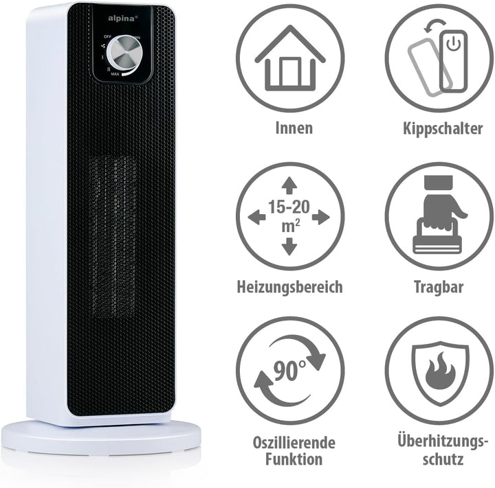alpina Elektrischer Heizlüfter 2000W – Keramik Heizkörper mit Griff und Absturzsicherung – Oszillier