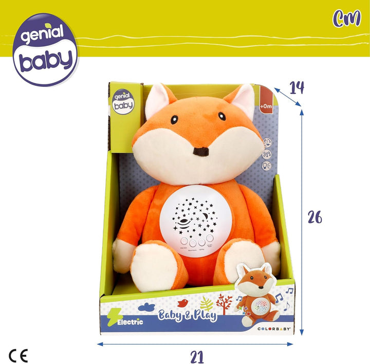 COLORBABY Genial Baby Projektor, Sterne, Fuchs, 27 cm, Nachtlicht und Timer, Plüschtier zur Entfernu