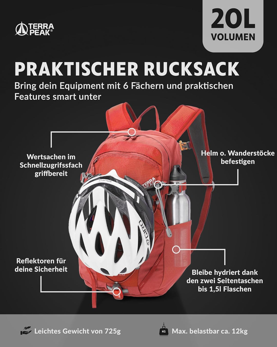 Terra Peak® Premium Wanderrucksack 20L (FLEX 20) klein mit Rückenbelüftung, Regenschutz &amp; Trinksyste
