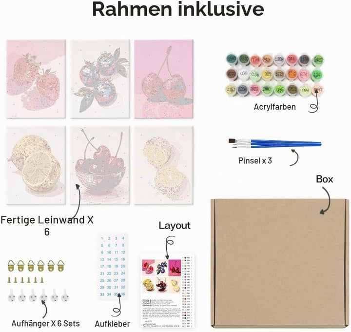 WIKOGDFE Malen nach Zahlen Obst-Set,6-teilig DIY Handgemaltes Ölgemälde Kit,Mini Malen nach Zahlen E