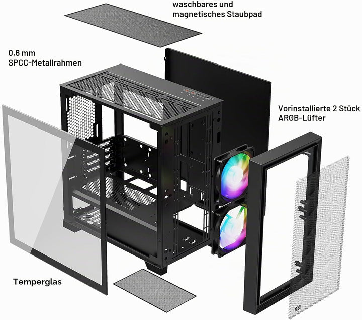 PCCOOLER CPS C3D310 M-ATX PC-Gehäuse mit Glasfenster, 2X 120mm ARGB-Lüfter, unterstützt 240/280mm Wa