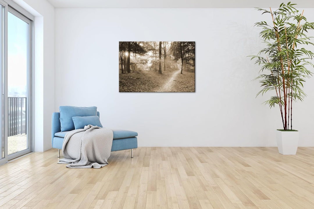 deyoli ruhiger Waldweg Format:90x60 cm Effekt: Sepia als Leinwandbild, Motiv fertig gerahmt auf Echt