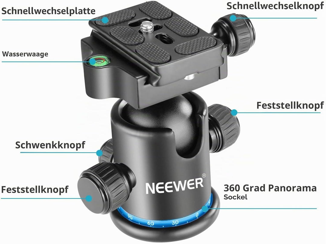 Neewer Pro Metall-Stativ-Kugelkopf, 360 Grad drehbar, Panorama, mit 0,6 cm Schnellschuhplatte, Wasse