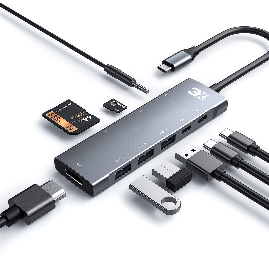 3XI USB C Hub 9in1 Typ C Adapter mit 4K HDMI,3 USB3.0, 100W PD, SD/TF Kartenleser,USB-C 5Gbps Datena