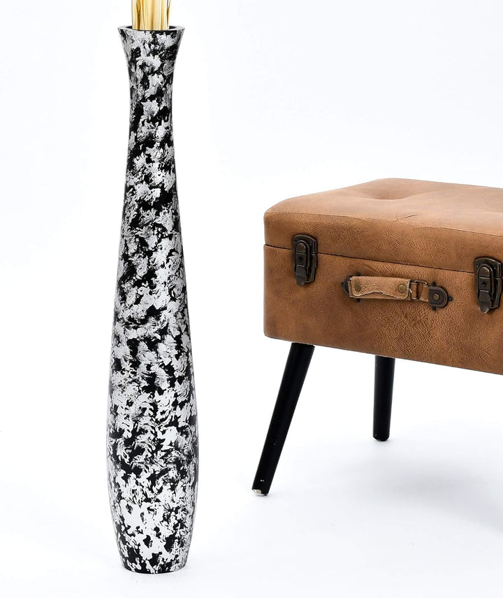 Leewadee Grosse Bodenvase für Dekozweige hohe Standvase Design Holzvase, Holz, 70 cm, Schwarz Silber