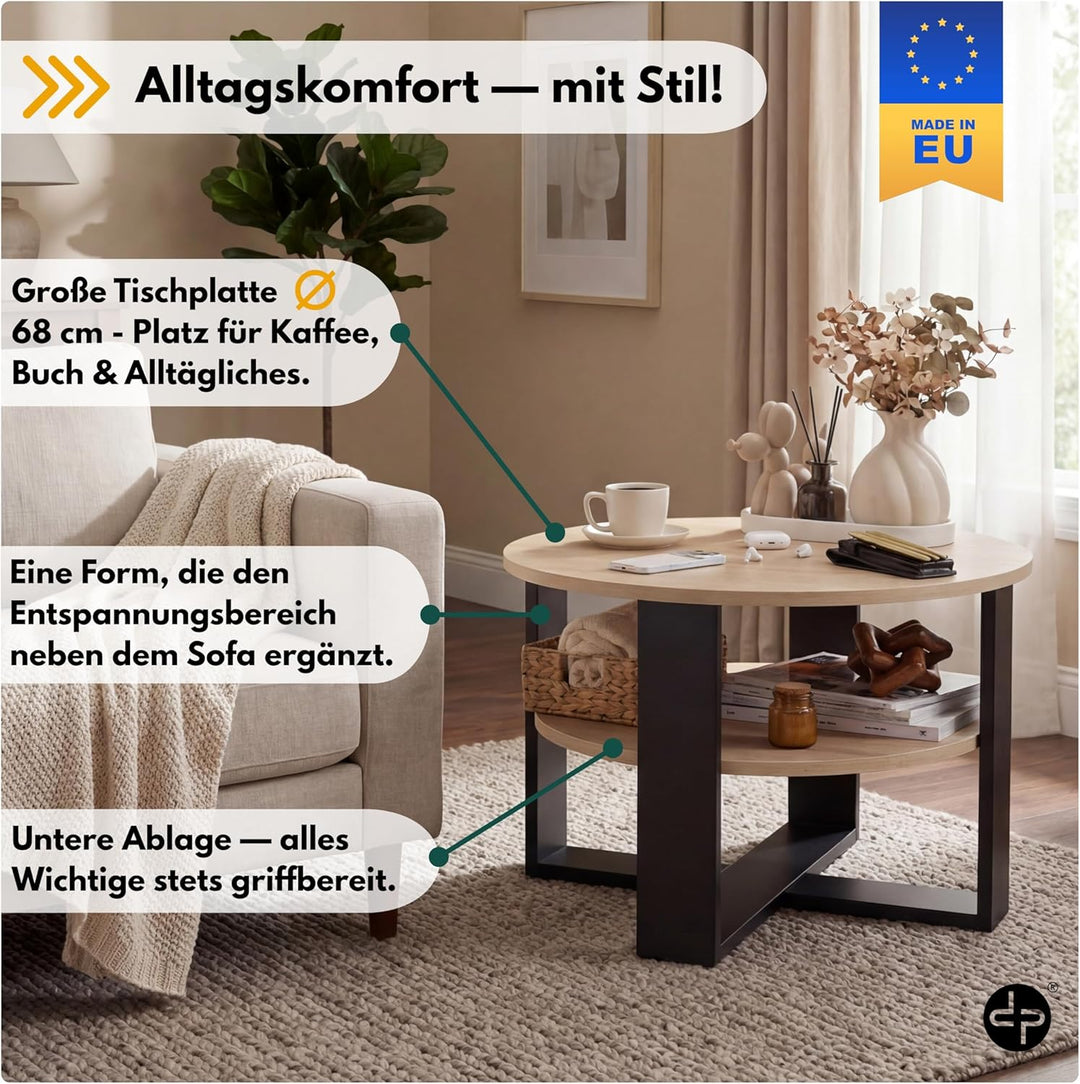 defiPad Couchtisch rund Eiche Ø70 cm - Beistelltisch mit Ablage - Sonoma Eiche - 2 Ebenen, runder mo