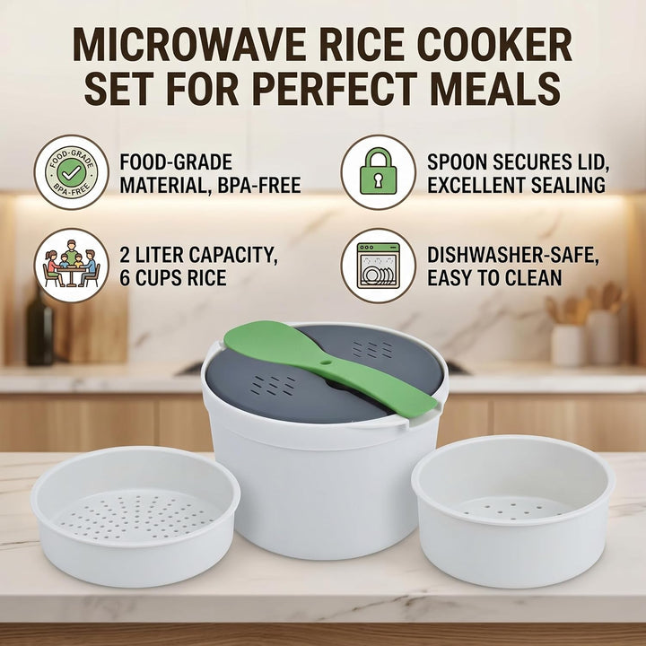 Cocoarm 2L Mikrowellen-Reiskocher-Set, Lebensmittelechtes PP-Material, Reislöffel-Deckelsieb, Dampft