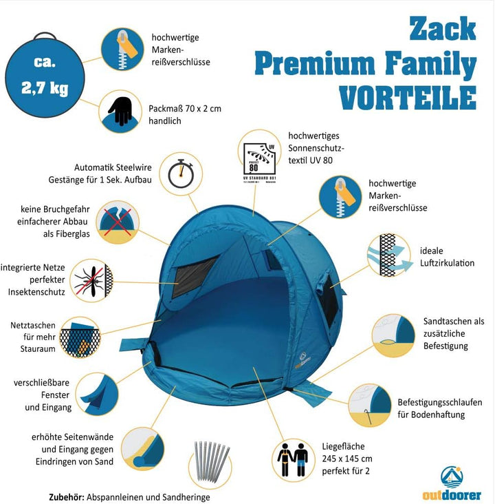 outdoorer Strandmuschel Zack Premium Family, Pop Up Strandmuschel verschliessbar, zertifizierter UV