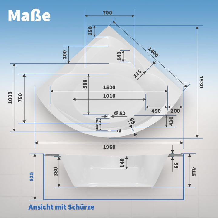 AQUADE Acryl Eckbadewanne 140x140 Modell: Koblenz - Weiss Badewanne Komplettset 140x140 - Badewannen