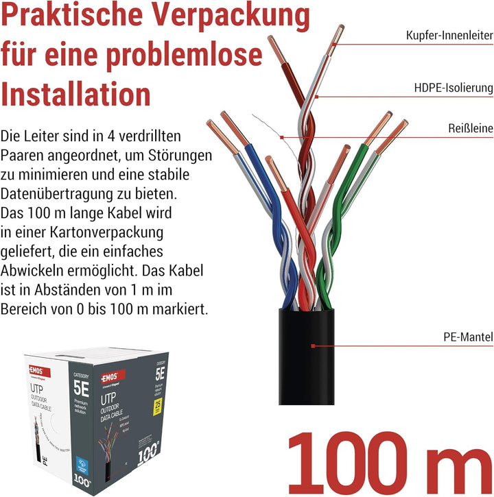 EMOS - UTP Netzwerkkabel CAT 5e, 100m, PE - CAT5e-Patchkabel UTP - Gigabit LAN Kabel - ungeschirmtes