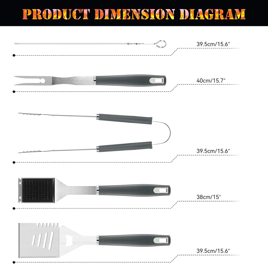 Premium Grillzubehör Set 10-teilig Edelstahl Rostfrei - Grillwerkzeug Set mit Spatel, Grillzange, Fl