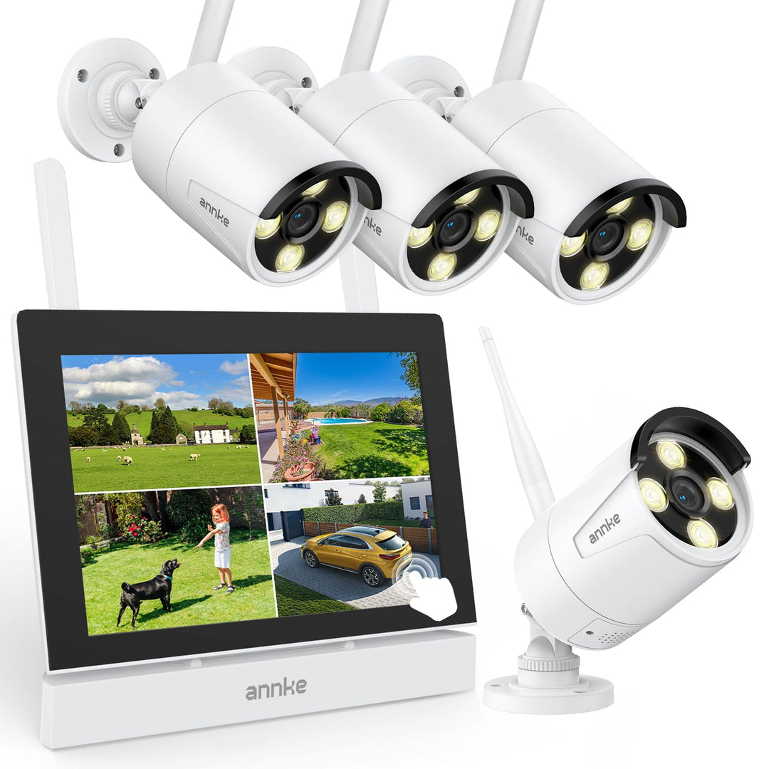 ANNKE 3MP Funk Überwachungskamera Set mit 10.1 Zoll Monitor, 4CH 5MP NVR und 4 IP Kameras Aussen mit