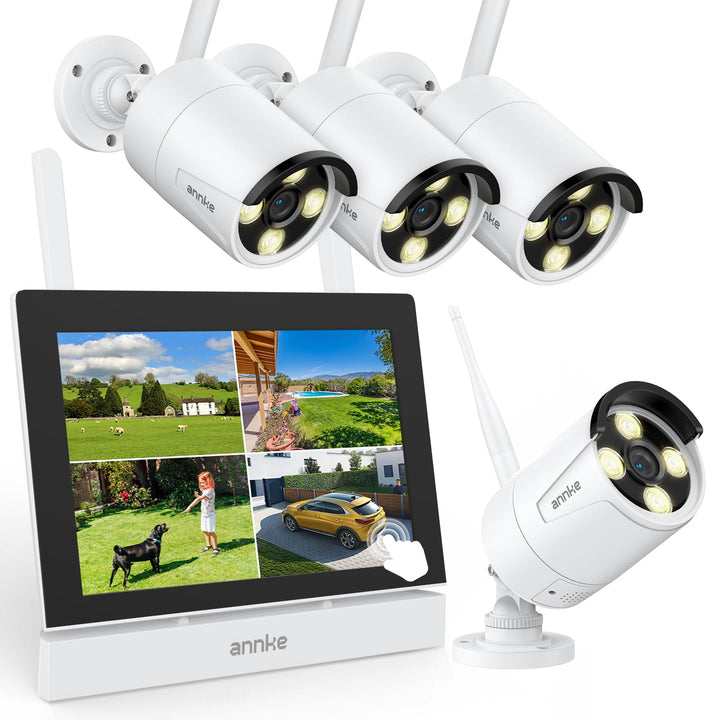 ANNKE 3MP Funk Überwachungskamera Set mit 10.1 Zoll Monitor, 4CH 5MP NVR und 4 IP Kameras Aussen mit