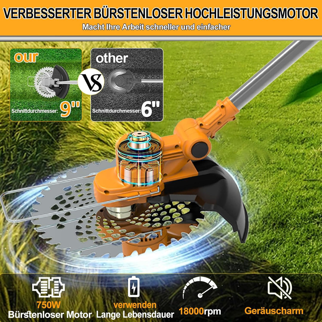 Akku Rasentrimmer mit Akku und Unkrautbürste 4 in 1 Bürstenloser Akku Freischneider Elektro Motorsen