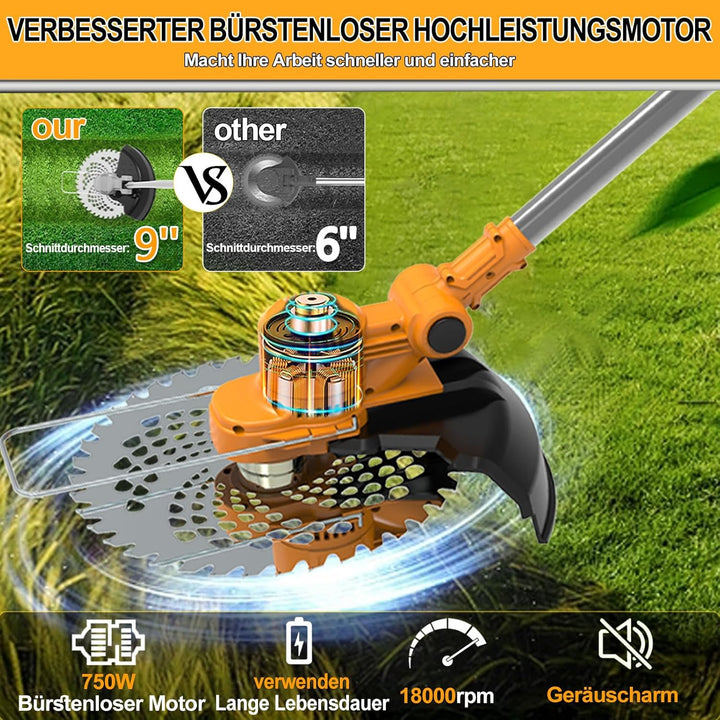 Akku Rasentrimmer mit Akku und Unkrautbürste 4 in 1 Bürstenloser Akku Freischneider Elektro Motorsen