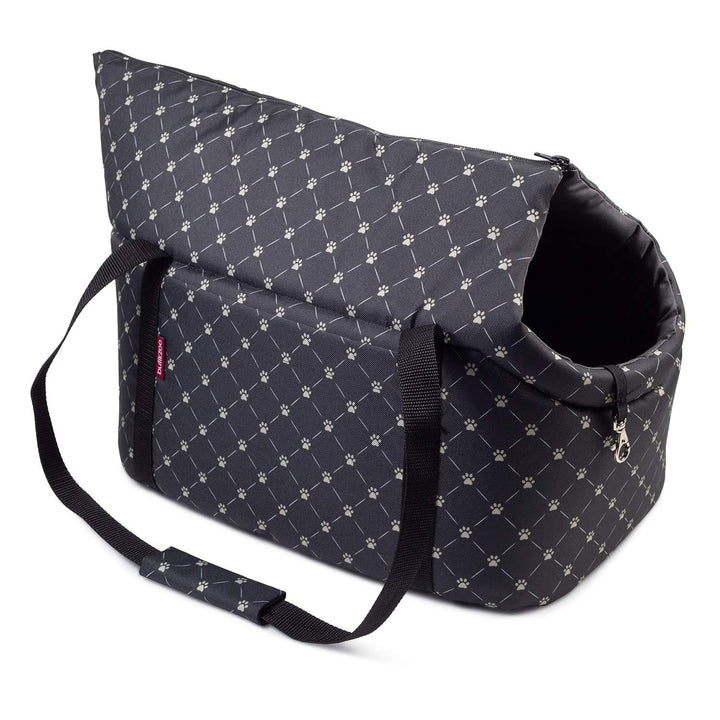 Hundetasche - Schwarz/Muster: Pfoten, M bis 10 kg - Tragetasche für kleinen und mittleren Hund, Welp