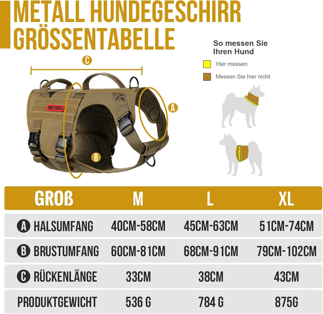 OneTigris Hundegeschirr, Metall Taktisches Geschirr Hunde Brustgeschirr mit 2 Komfort-Griffe, 3 Edel