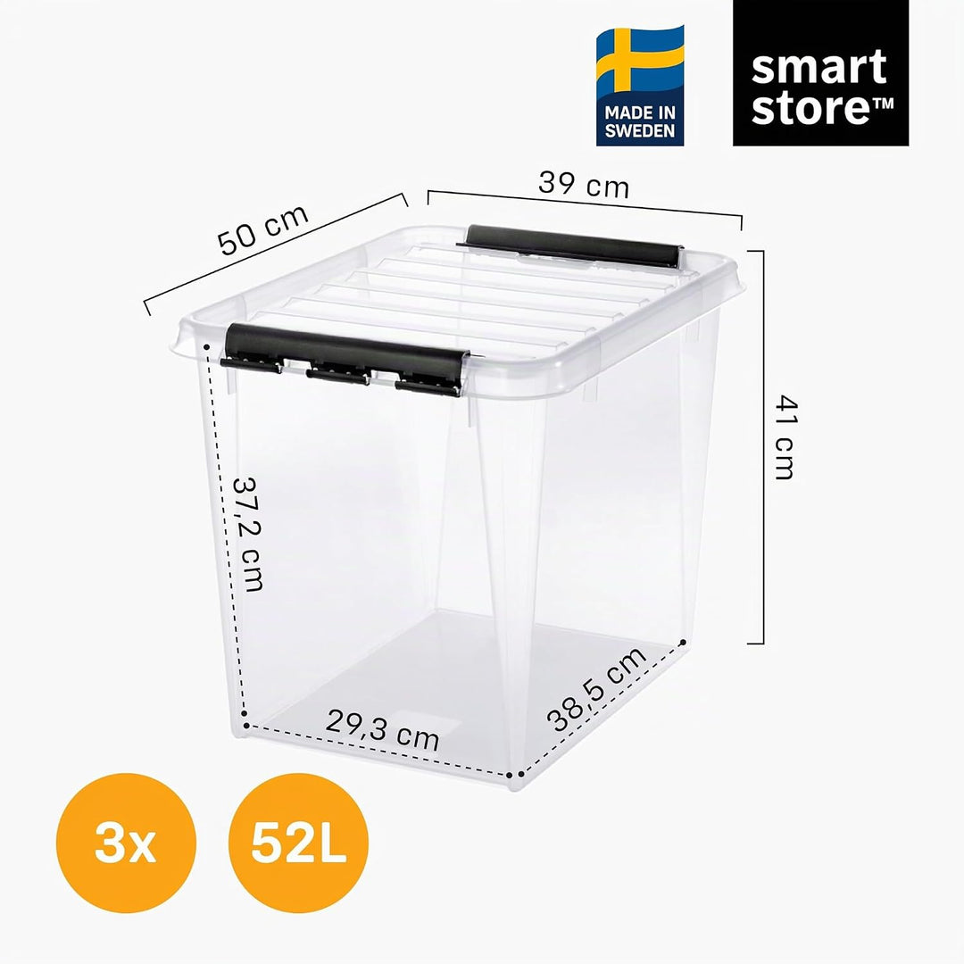 SmartStore ﻿aufbewahrungsbox mit deckel, 52 l, 3er-Pack, verstärkt, gross, transparent, für Lebensmi