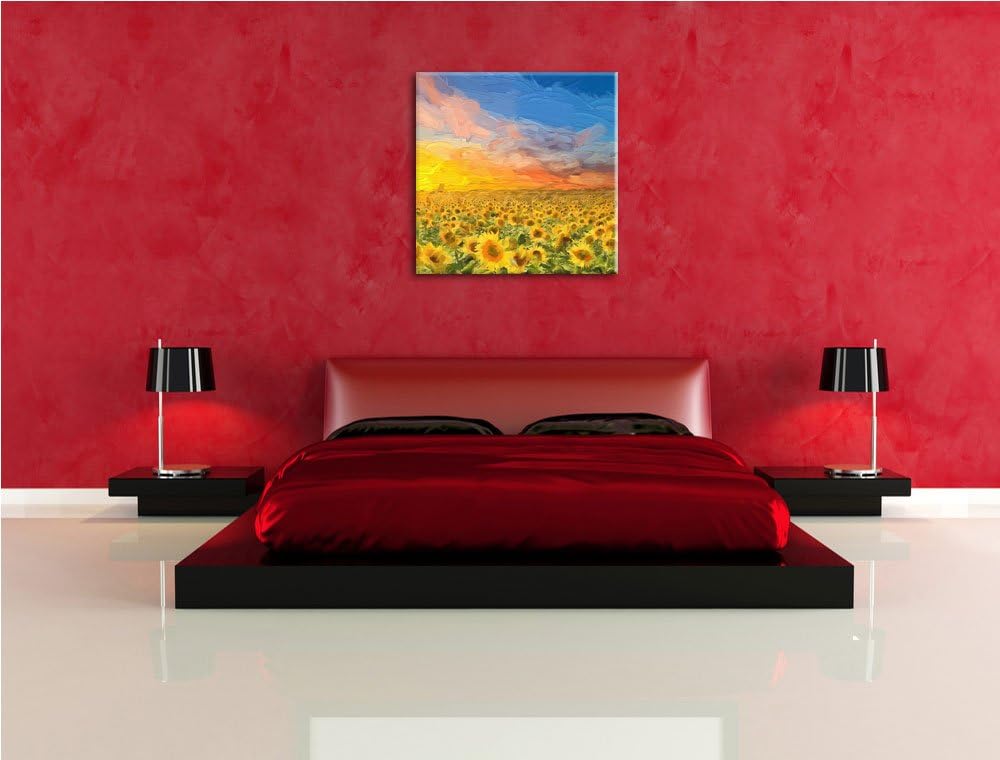Pixxprint Sonnenblumenfeld / 70x70cm Leinwandbild bespannt auf Holzrahmen/Wandbild Kunstdruck Dekora