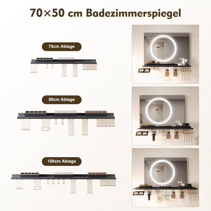 SONNI LED Badspiegel 70x50cm mit 70cm Ablage, Touch Badezimmerspiegel 3 Lichtfarben, Anti-Beschlag &