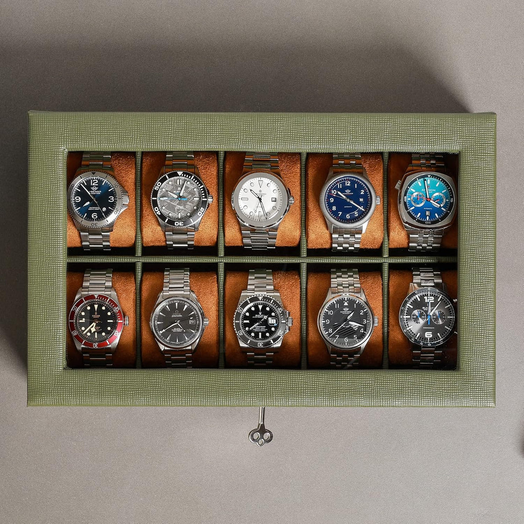 ROTHWELL Uhrenbox mit 10 Fächern – Luxus-Uhrenetui mit weichem Futter, abschliessbarer Schmuckuhrenh