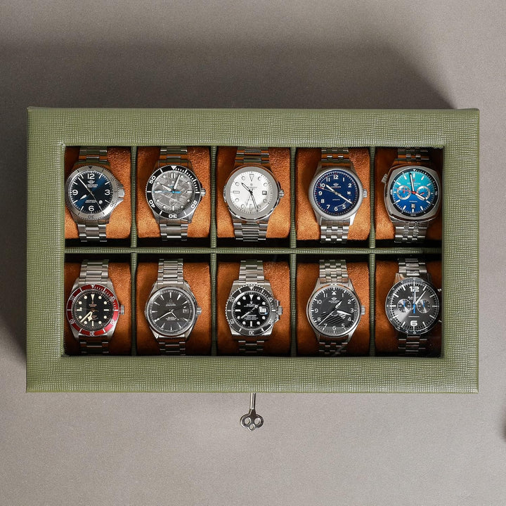 ROTHWELL Uhrenbox mit 10 Fächern – Luxus-Uhrenetui mit weichem Futter, abschliessbarer Schmuckuhrenh