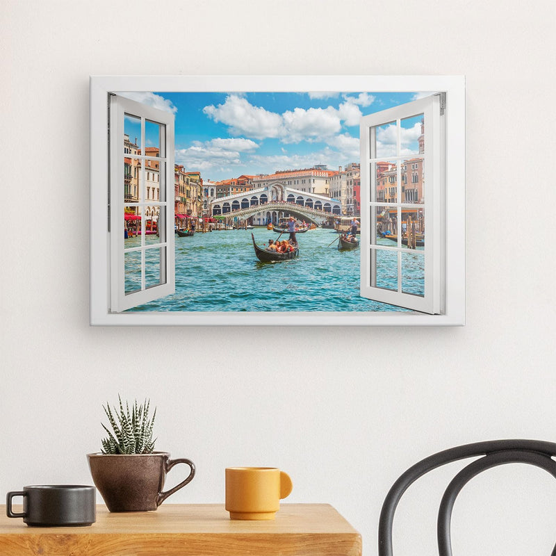 PICANOVA – Leinwandbild 60x40cm Rialtobrücke Venedig Fenster – Leinwanddruck – Wandbild Kunstdruck A