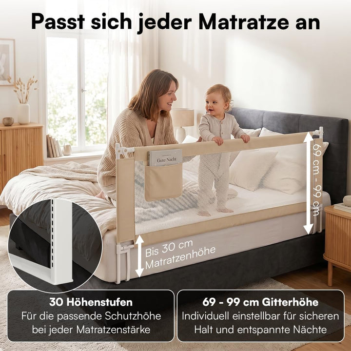 Bellabino Drina Rausfallschutz – Bettschutzgitter 150 cm Beige – Bettgitter höhenverstellbar 69-99 c