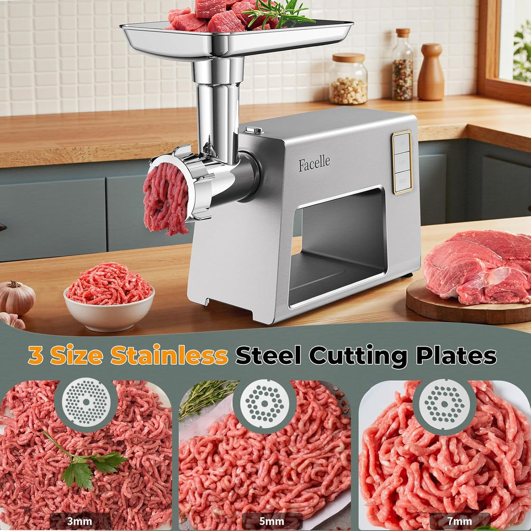 Facelle Fleischwolf Elektrisch Hausgeräte, 2000W mit Edelstahlklingen und 3 Edelstahl Lochscheiben,
