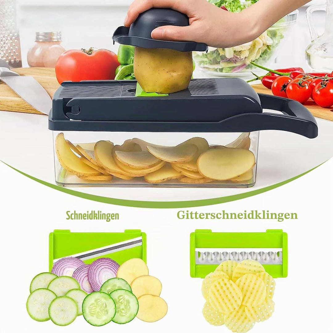 Sweetfela 18-in-1 Gemüseschneider, Multifunktion, Zerkleinerer mit 7 Klingen, Fäustlinge, Reinigungs