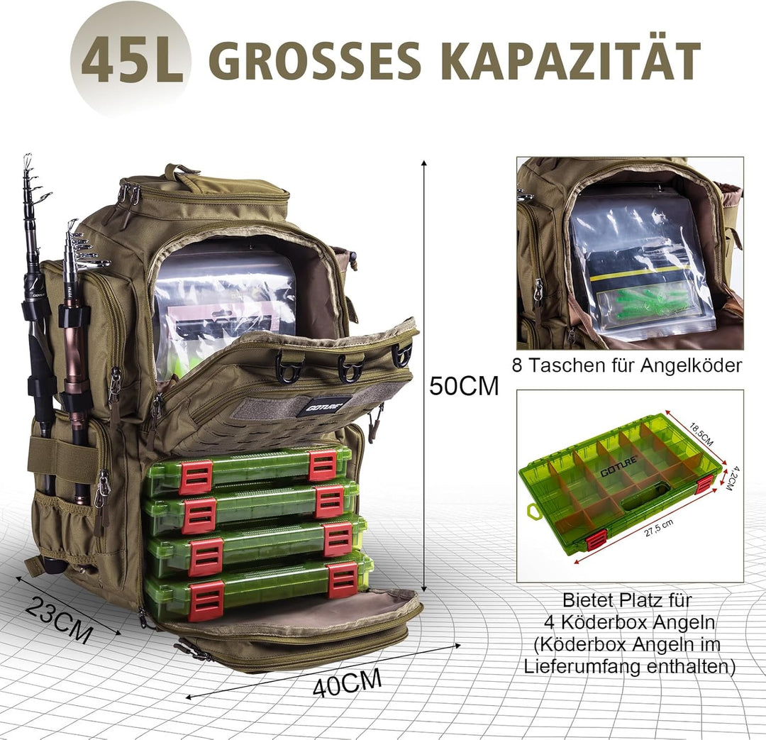 Goture Angelrucksack mit 4 Köderbox Angeln, 45-Liter Angelzubehör-Rucksack mit Zwei Rutenhaltern und