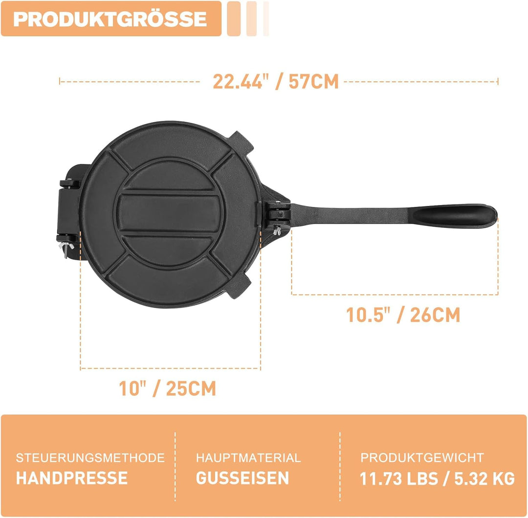 Tortilla Presse - Gusseisen Tortilla Presse 25cm, Roti Maker, Pre-Seasoned Tortilla Maker, Heavy- Du