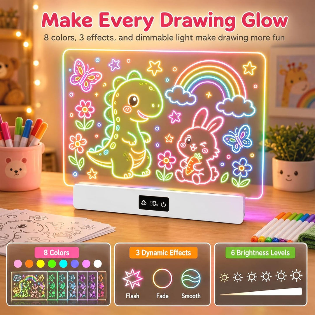 OUTON LED Zeichenbrett Kinder mit 8 Farben & 3 Lichtmodi, Wiederverwendbare Leuchttafel mit 7 Stifte